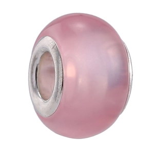 Polished pink cat eye glass charm bead with silver metal core for DIY bracelets