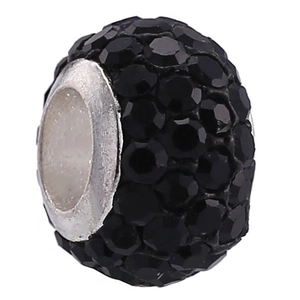 Detail of black crystal charm bead with four rows of rhinestones for DIY bracelets