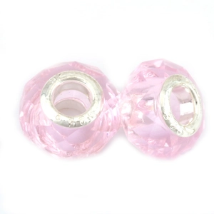 Close-up of pink faceted crystal beads with S925 sterling silver metal core detail
