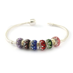Silver snake chain bracelet featuring six colorful rhinestone-encrusted Shamballa beads