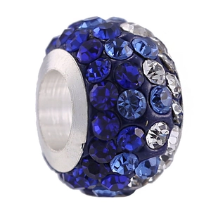 Blue and white Shamballa style crystal pave ball bead with silver core for charm bracelets