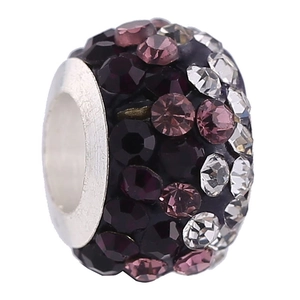 Macro view of purple pavé crystal charm bead with silver core for bracelet making
