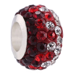 Sparkling silver charm bead with pavé set red and white crystals on white background