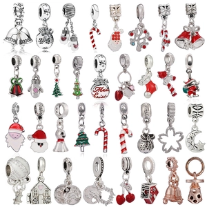 Christmas DIY Charms Alloy Enamel Rhinestone Pendants For Bracelet Jewelry Making Santa Claus Tree Snowman Bell Sock Pattern Holiday Gift Jewelry