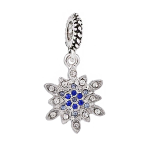 Silver snowflake charm pendant with blue and white cubic zirconia for DIY jewelry making