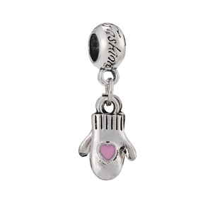 Detailed view of silver mitten charm with pink heart and engraved Fashion bead