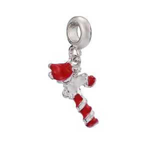 Detailed view of silver candy cane charm with red enamel hat for holiday bracelets