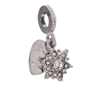 Detailed close-up of a silver snowflake pendant with 'You' heart charm and zircon stones