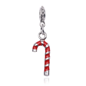 Silver Christmas candy cane charm with red enamel stripes for DIY bracelets