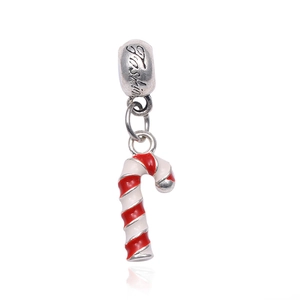 Detail of silver candy cane charm with red and white enamel for Christmas bracelets