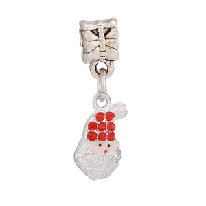 Detailed view of silver Santa Claus charm with vibrant red rhinestones and white beard