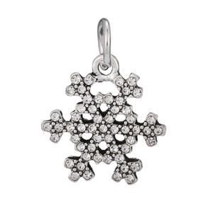 Detailed view of silver snowflake pendant with sparkling cubic zirconia crystals