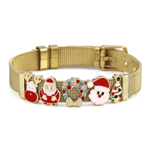 Goldenes Gliederarmband mit Weihnachtsbaum, Weihnachtsmann und Rentier Anhängern