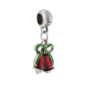 Christmas silver bell charm with red enamel and green bow on fashion bead for DIY bracelets
