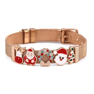 Roségoldenes Mesh-Armband mit festlichen Weihnachts-Elch- und Weihnachtsmann-Anhängern