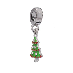 Detail of Christmas tree charm with green enamel, red dots and sparkling rhinestones