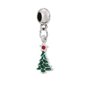 Detailed Christmas tree charm with green enamel and red crystal for DIY bracelets