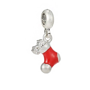 Close-up of a festive red enamel Christmas stocking charm with a silver-tone loop
