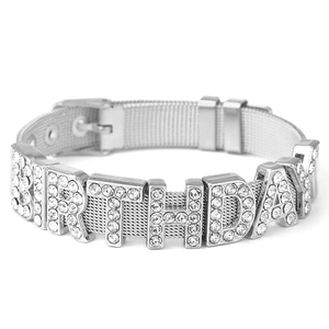 Silver stainless steel mesh bracelet with BIRTHDAY rhinestone letters and watch buckle