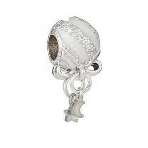 Detail of silver hot air balloon charm with white enamel and star moon pendants