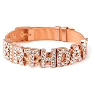 Rose gold mesh bracelet with sparkling BIRTHDAY letter charms and adjustable buckle strap