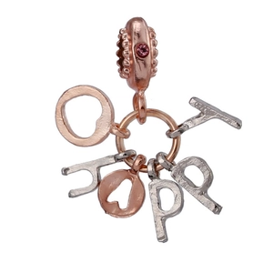 Macro shot of silver and rose gold HAPPY letter charm with a pink gemstone accent