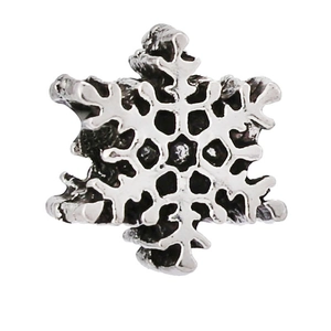 Macro shot of silver snowflake charm bead with vintage texture and hollow details