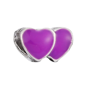 Charmosa perla a doppio cuore in smalto viola in metallo argento per bracciali da donna