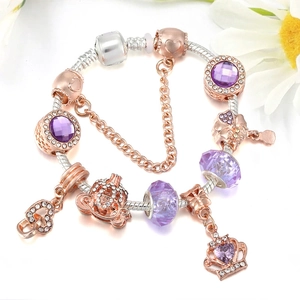 Women DIY Charm Bracelet Rose Gold Silver Plated Snake Chain Heart Crown Pumpkin Carriage Pendants Fashion Jewelry Gift