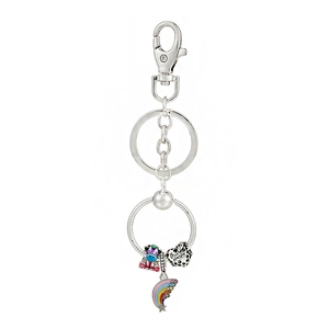 Detailed shot of silver keychain with purple donkey bead and Bee Happy heart charm