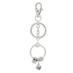 Silver keychain with owl and blue disc pendants on a textured snake chain circular holder