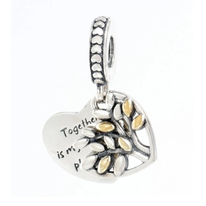 Two-tone heart-shaped tree of life charm in S925 silver with gold-leaf accents for bracelets