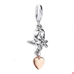 Detail of silver Cupid charm with a rose gold heart pendant for 3mm snake chain bracelets