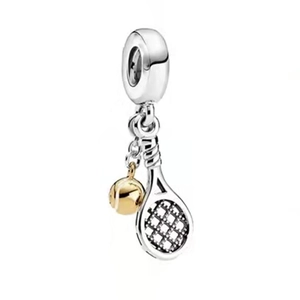 Detail of silver tennis racket and golden ball charm for 3mm snake chain bracelets