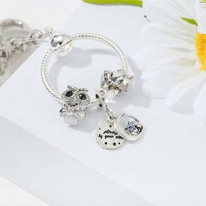 Detailed close-up of a silver owl charm and engraved Always by your side tag on a keychain