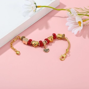 Women Gold Plated Copper Alloy Charm Bracelet With Heart Suitcase Pendant I Love You DIY Beaded Rhinestone Jewelry Gift
