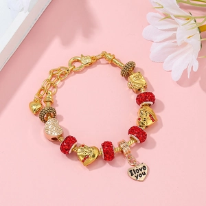 Golden snake chain bracelet with red crystal beads and I love you heart charm