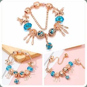 Bracelet à Breloques Or Rose Perles Strass Bleu Pendentif Attrape-rêves Licorne Cœur Chaîne Serpent Bijoux Femme Cadeau