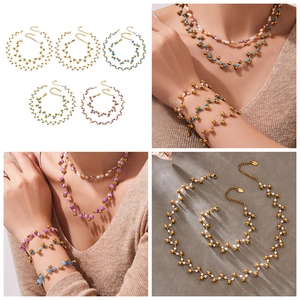 Detail of beaded gemstone necklace and bracelet sets in five bohemian color variations