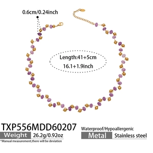 Detail showing 6mm natural purple stone beads and waterproof stainless steel necklace specs