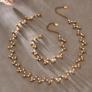 Gold beaded necklace and pearl bracelet jewelry set in stainless steel with lobster clasp