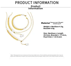 Detailed size specifications for 18K gold titanium necklace and pearl bracelet set