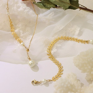 Elegant Titanium Steel 18K Gold Plated Leaf Necklace And Bracelet With Artificial Pearls French Vintage Women Jewelry