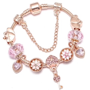 Pulsera de Amuletos de Aleación Bañada en Oro Rosa para Mujer Colgante de Corazón de Strass Rosa Llave Flor Esmalte Joyería Bricolaje Cadena de Serpiente