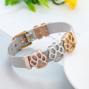 Stainless steel mesh paw print bracelet with silver, gold and rose gold charms