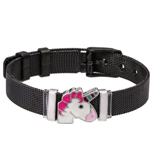 Schwarzes Edelstahl-Netzarmband mit buntem Einhorn-Anhänger und klassischer Schnalle