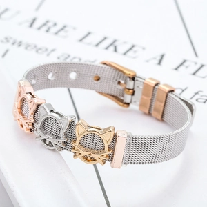 Pulsera de malla de acero inoxidable con dijes de gato en oro rosa, plata y oro