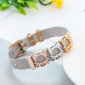 Pulsera de malla de acero inoxidable con colgantes de gatos en plata y oro rosa