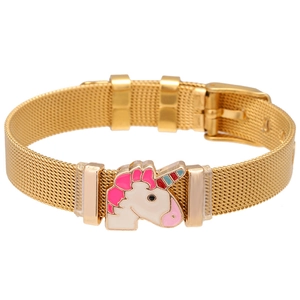 Goldenes Edelstahl-Mesh-Armband mit buntem Einhorn-Anhänger und verstellbarer Schnalle
