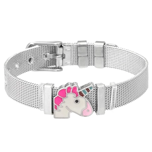 Silbernes Edelstahl-Netzarmband mit buntem Emaille-Einhorn und verstellbarer Dornschließe